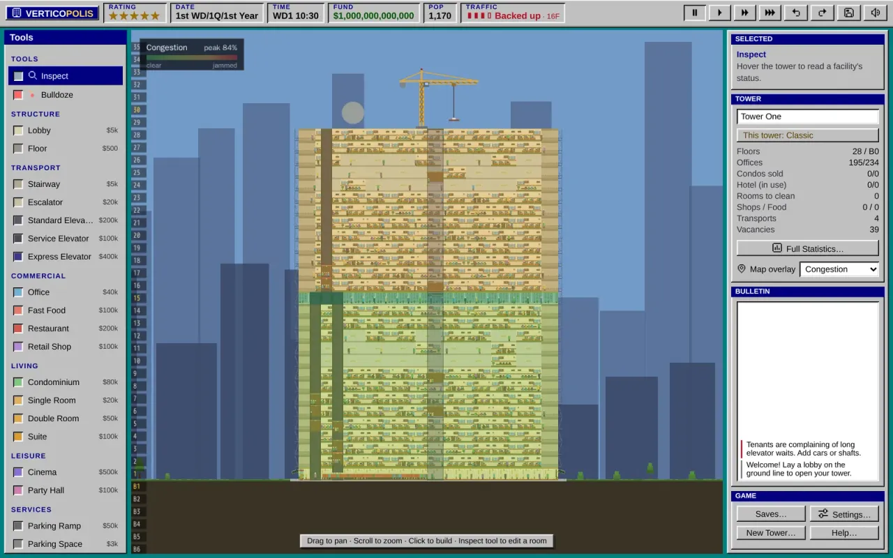 A Verticopolis tower under construction, 28 floors tall with a crane on top, shown with the congestion map overlay.