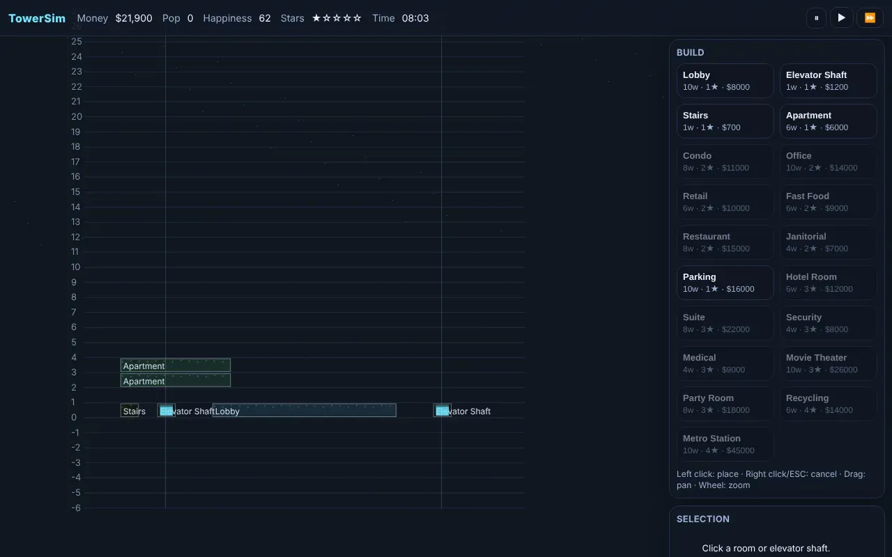 A dark, mostly empty grid with a build menu of room types: an early prototype from February 2026.