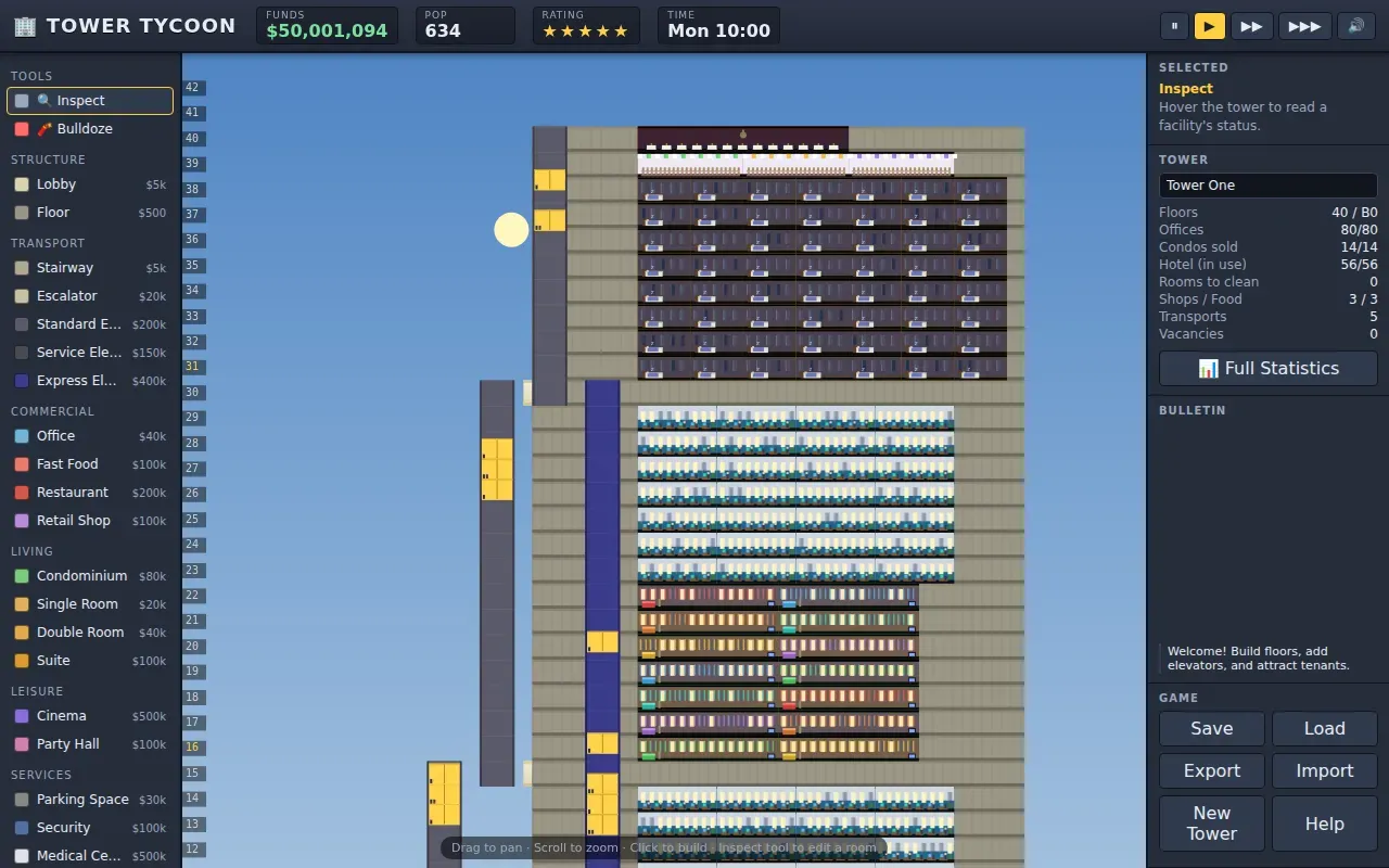 A pixel-art tower under the Tower Tycoon name, with a tools panel.