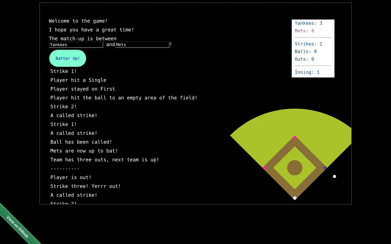 The 2020 game: monospace play-by-play text, a scoreboard and a green diamond.
