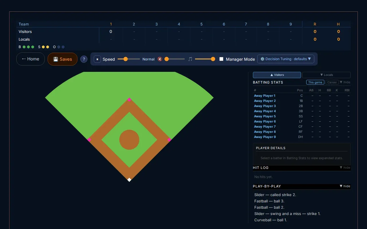 BlipIt Legends game screen: a scoreboard, the diamond, batting stats and a play-by-play log.
