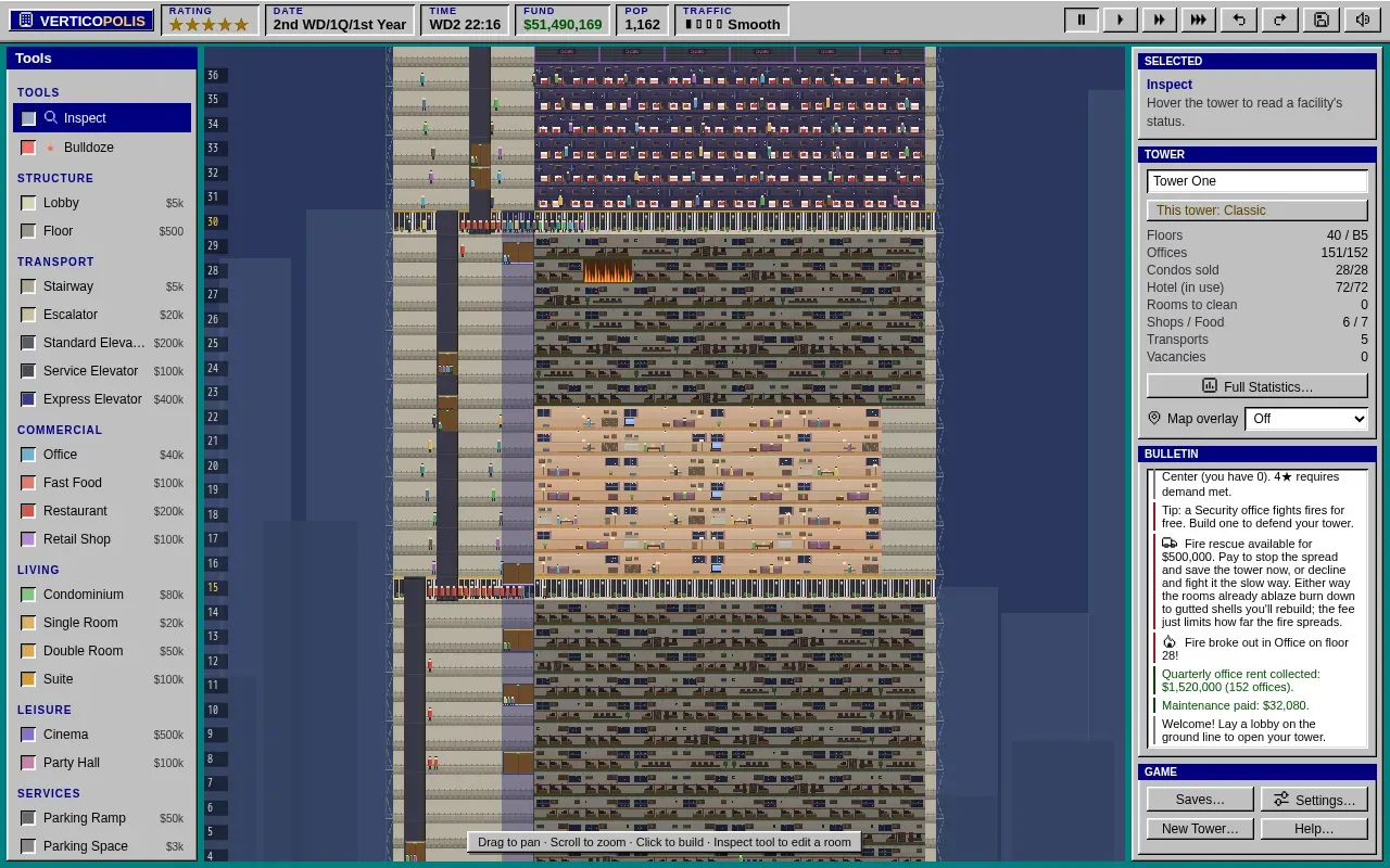 A 36-floor Verticopolis tower at night with offices, hotel floors and condos lit up, and the build tools panel on the left.