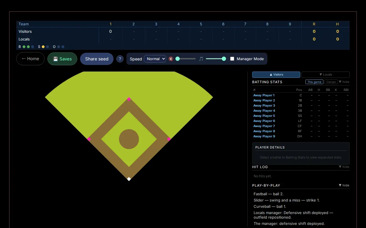 The March 2026 Ballgame screen: a line score, controls, the diamond and batting stats.